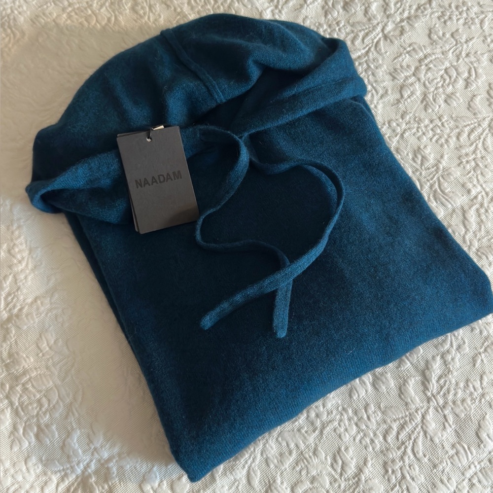 peacock blue NAADAM 100% cashmere hooded sweater